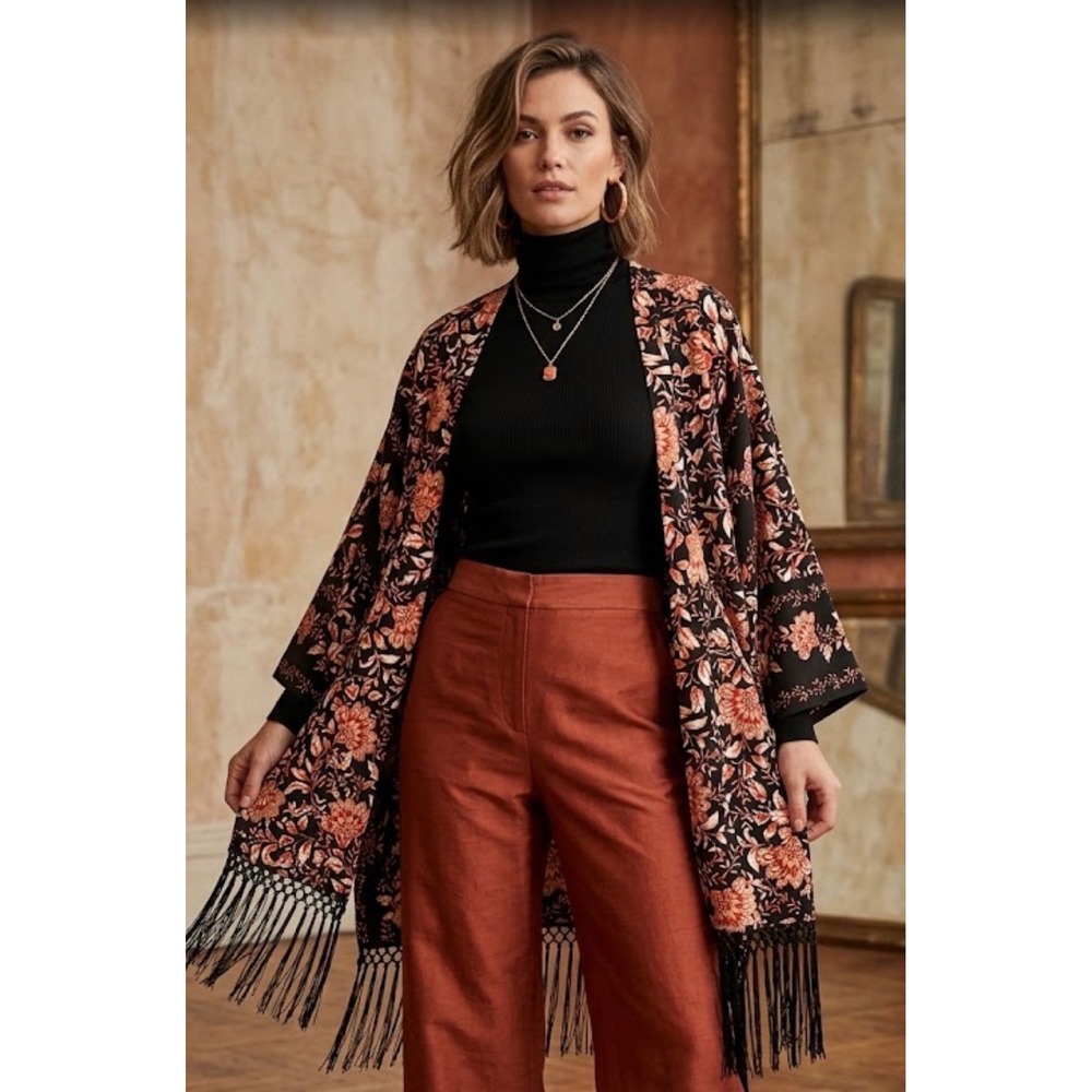 Ruby Rd Womens XL Floral Paisley Fringe Kimono Wrap Open Front Cardigan Black